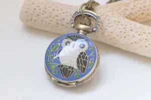 1 PC Antique Bronze Blue Enamel Flower Small Owl Pocket Watch 27mm A3663