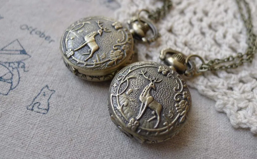 1 PC Antique Bronze Deer Flower Pocket Watch A7198