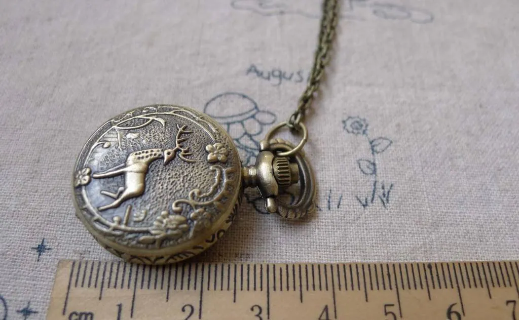 1 PC Antique Bronze Deer Flower Pocket Watch A7198