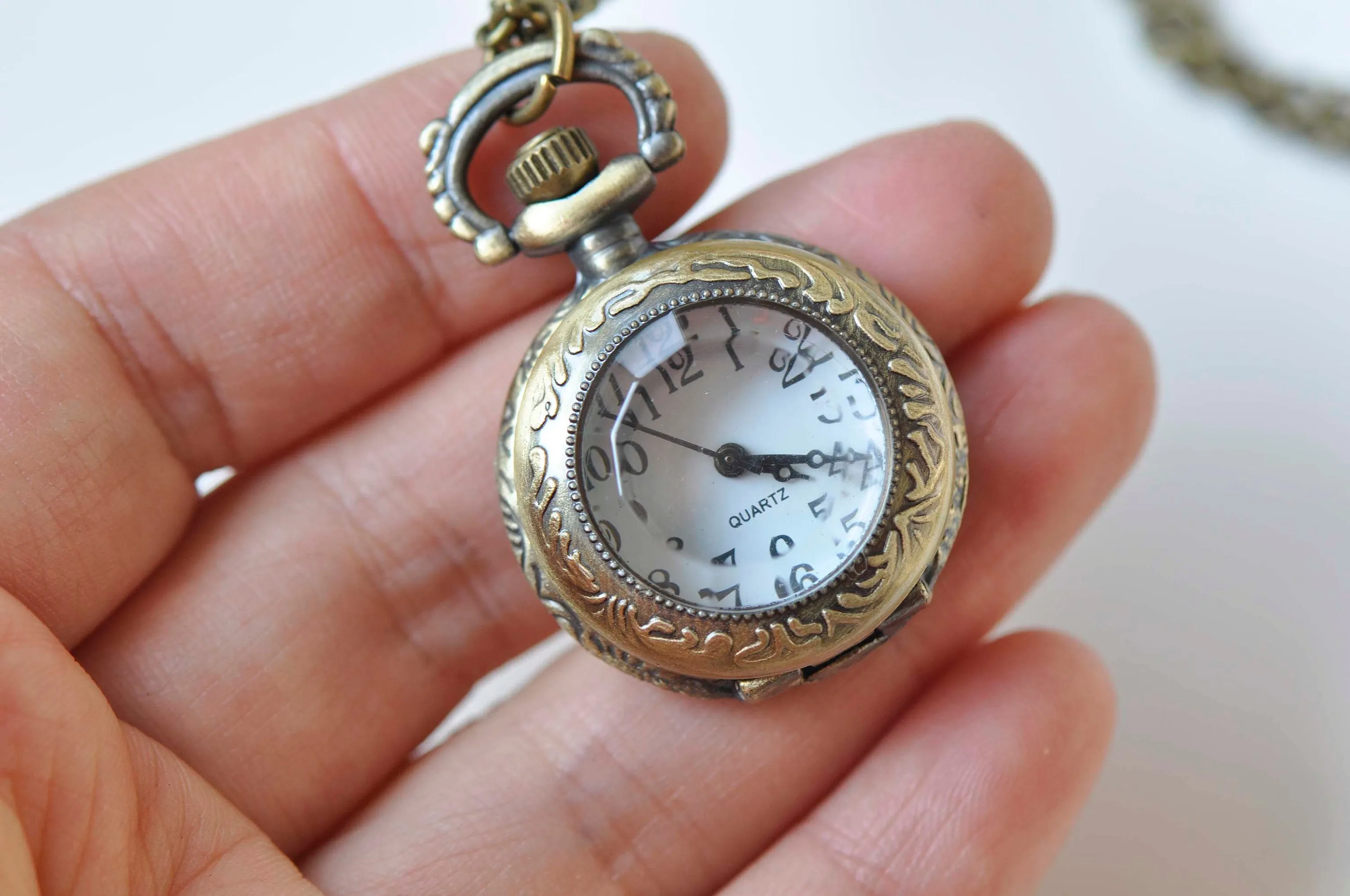 1 PC Antique Bronze Faceted Clear/Brown Pocket Watch Necklace