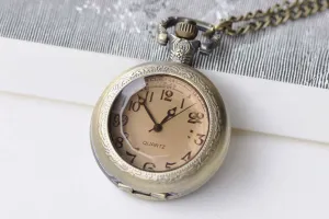 1 PC Antique Bronze Faceted Glass Cover Pocket Watch Necklace