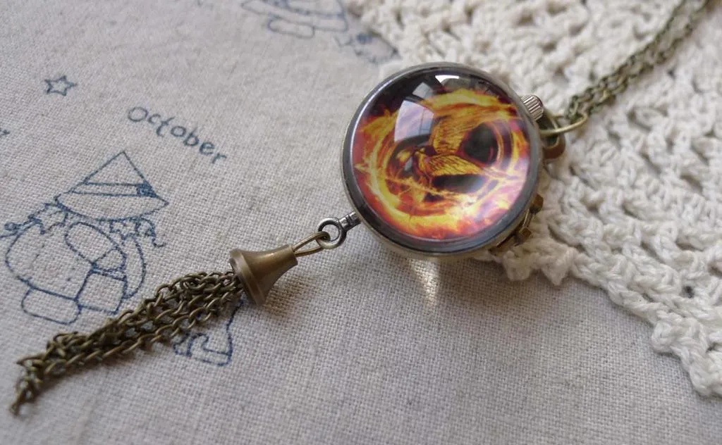 1 PC Antique Bronze Glass Bird Bubble Orb Pocket Watch A7197