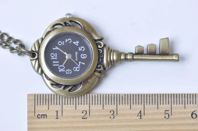1 PC Antique Bronze Key Pocket Watch Necklace