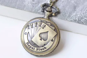 1 PC Antique Bronze Large Poker Pocket Watch Necklace A1328