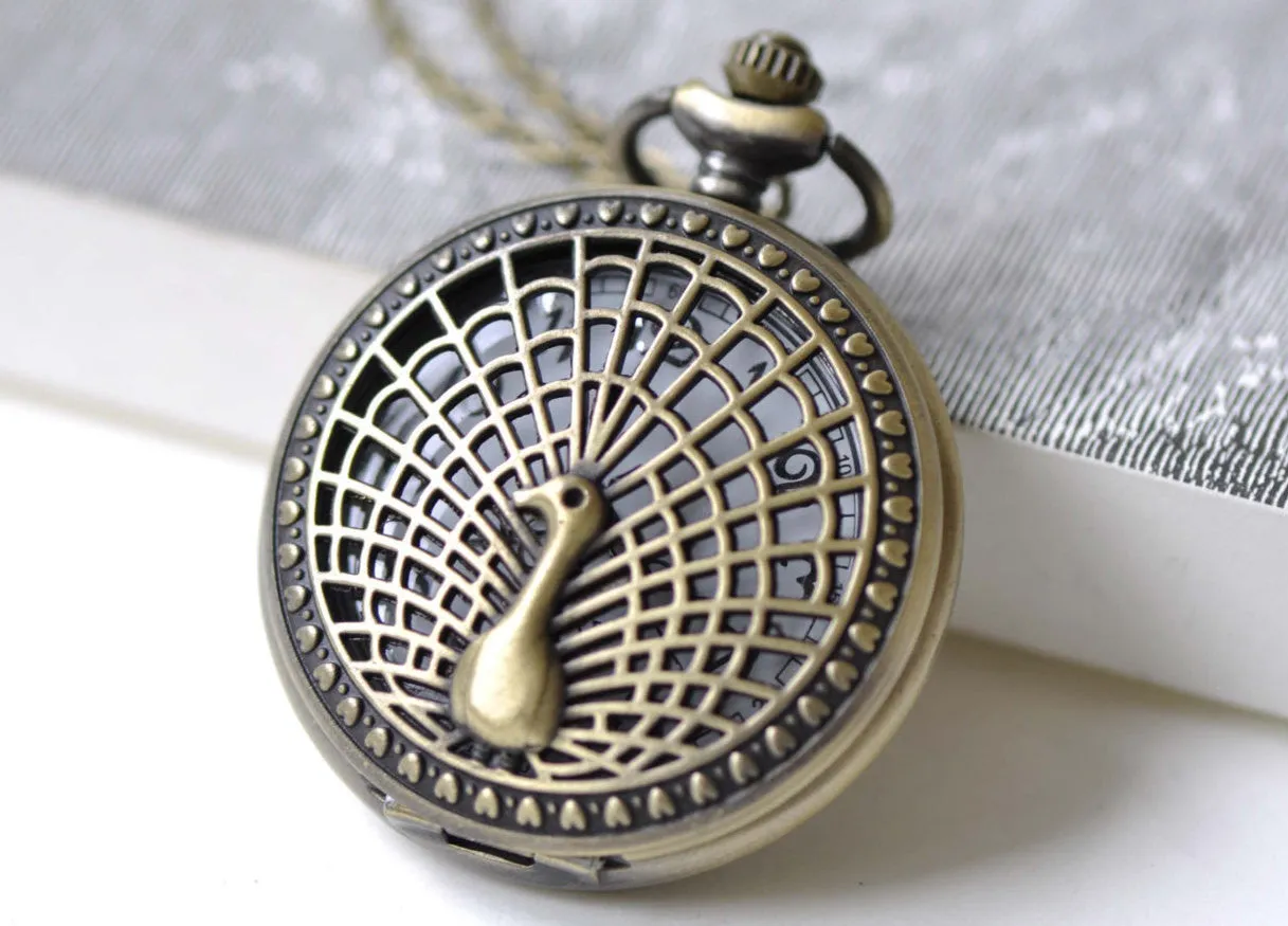 1 PC Antique Bronze Large Size Peacock Pocket Watch A7965