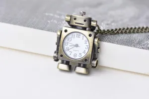 1 PC Antique Bronze Moveable Arm Robot Pocket Watch Necklace A8640