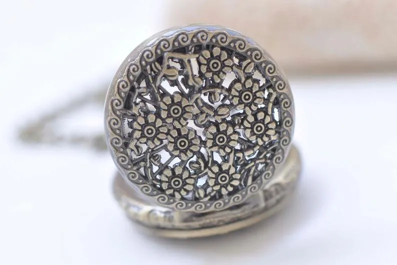 1 PC Antique Bronze Small Flower Pocket Watch Necklace A1865