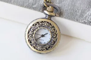 1 PC Antique Bronze Small Pocket Watch Necklace A6637