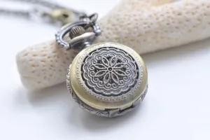 1 PC Antique Bronze Small Round Flower Pocket Watch 27mm/47mm