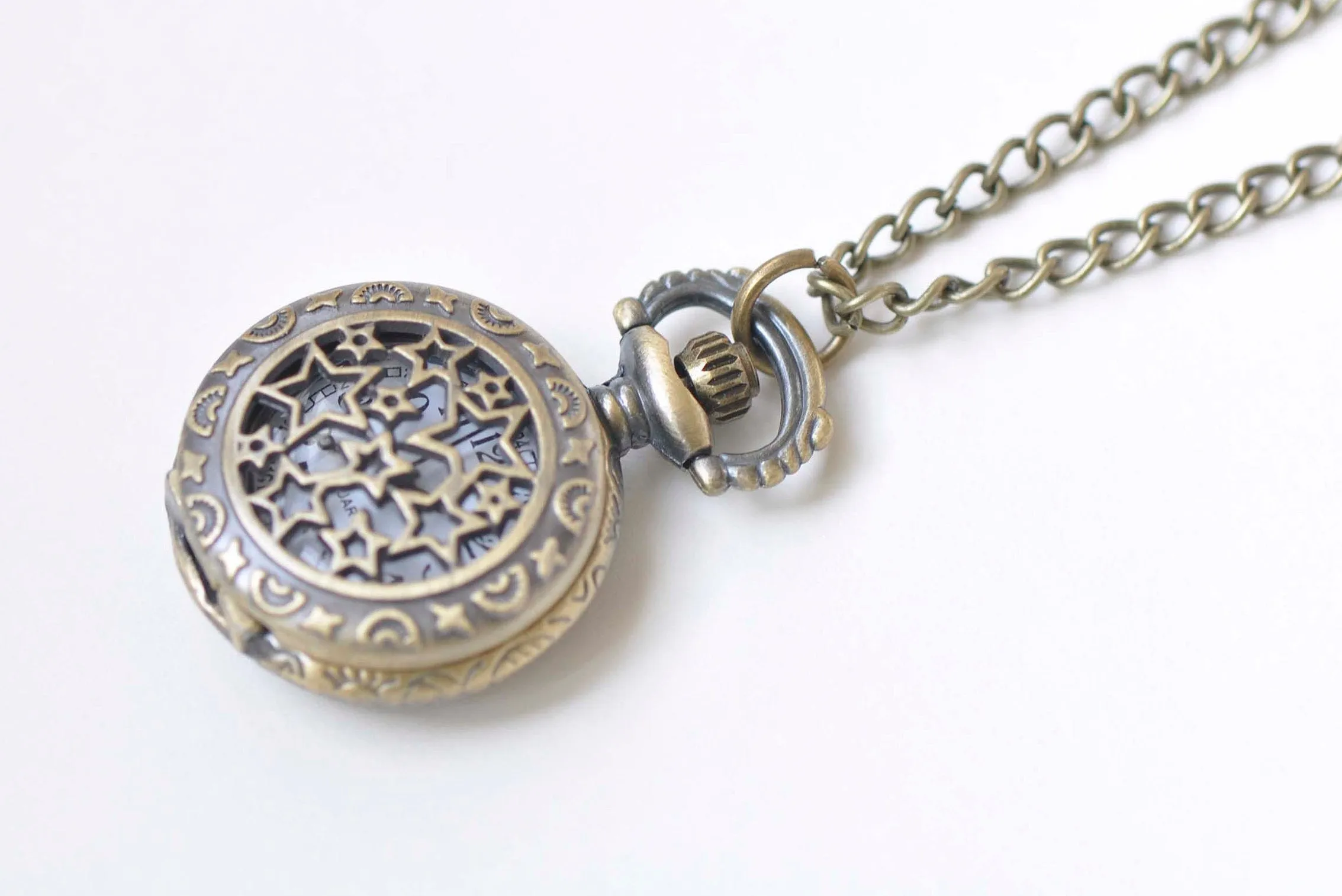 1 PC Antique Bronze Star Pocket Watch Necklace