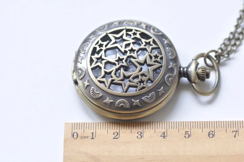 1 PC Antique Bronze Star Pocket Watch Necklace