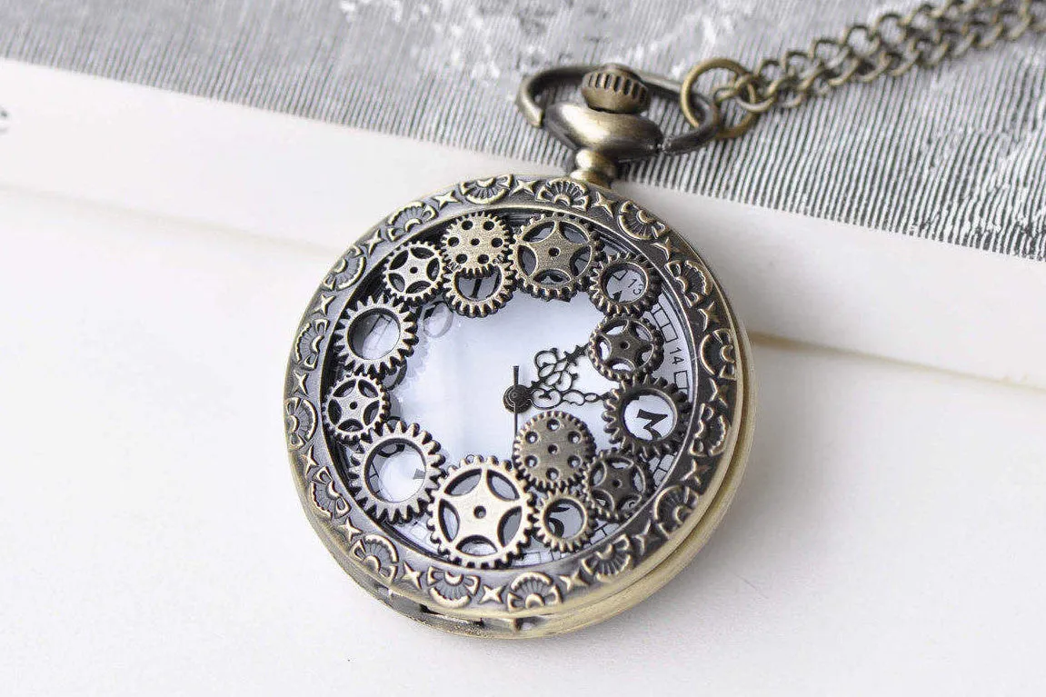 1 PC Antique Bronze Steampunk Gear Wheel Pocket Watch Necklace A8637