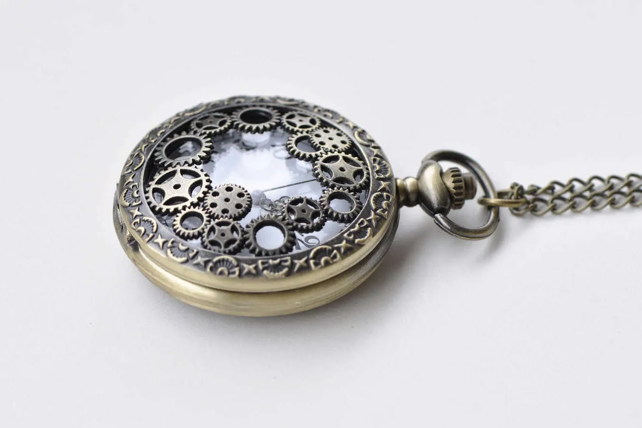 1 PC Antique Bronze Steampunk Gear Wheel Pocket Watch Necklace A8637