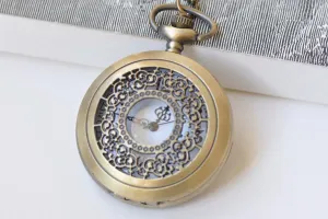 1 PC Antique Bronze Steampunk Round Pocket Watch Necklace A3357