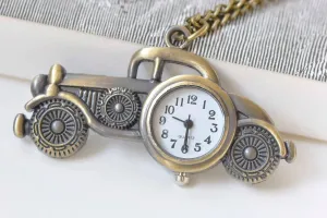1 PC Antique Bronze Vintage Car Pocket Watch Necklace 30x32mm A2232
