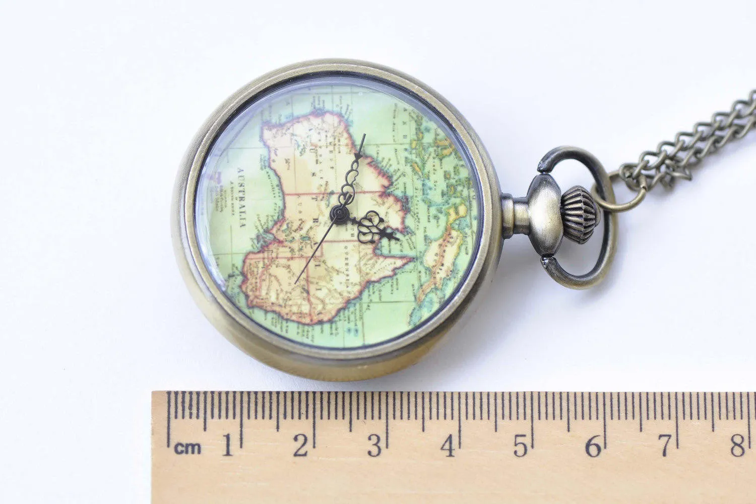 1 PC Antique Bronze Vintage Map Pocket Watch Necklace A8697
