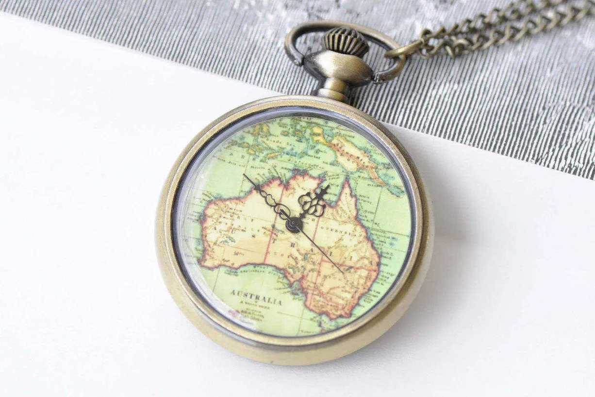 1 PC Antique Bronze Vintage Map Pocket Watch Necklace A8697