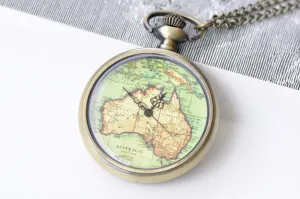 1 PC Antique Bronze Vintage Map Pocket Watch Necklace A8697