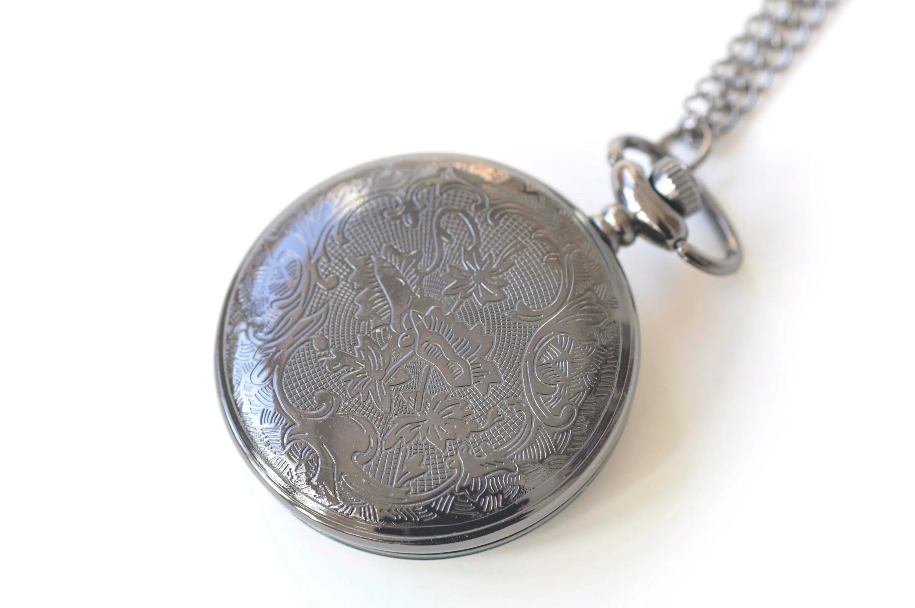 1 PC Gunmetal Black Round Pocket Watch Necklace A5310