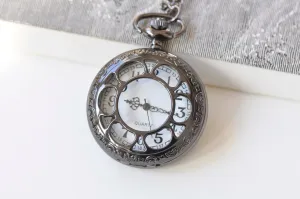 1 PC Gunmetal Black Round Pocket Watch Necklace A5310