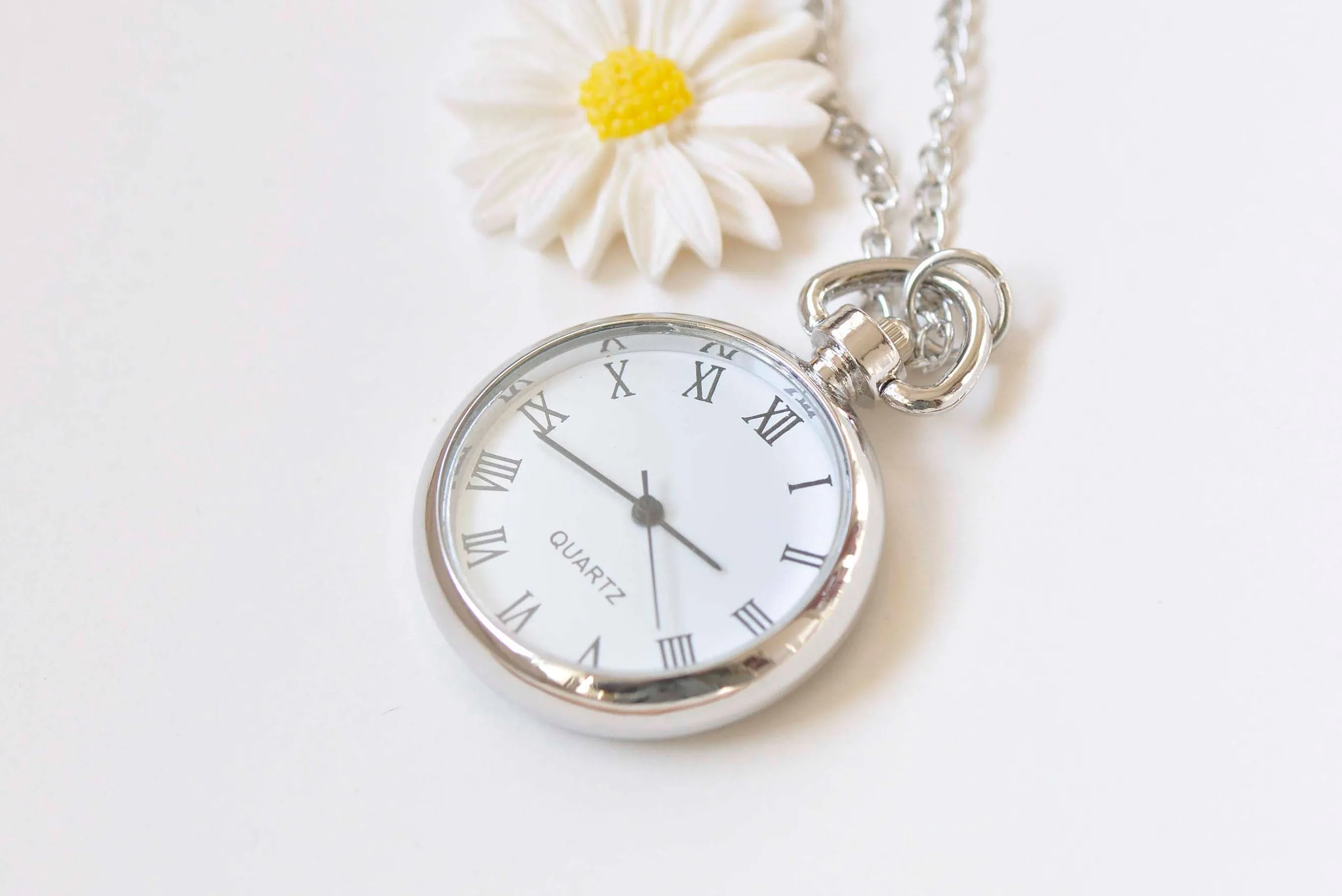 1 PC Platinum Silvery Gray Blank Pocket Watch Necklace A2200