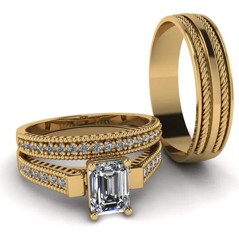 1.32ct Emerald Cut Diamond Gold Complete Wedding Set - 01BS41E