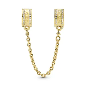 14k Gold Plated  logo safety chain with clear cubic zirconia and silicone grip