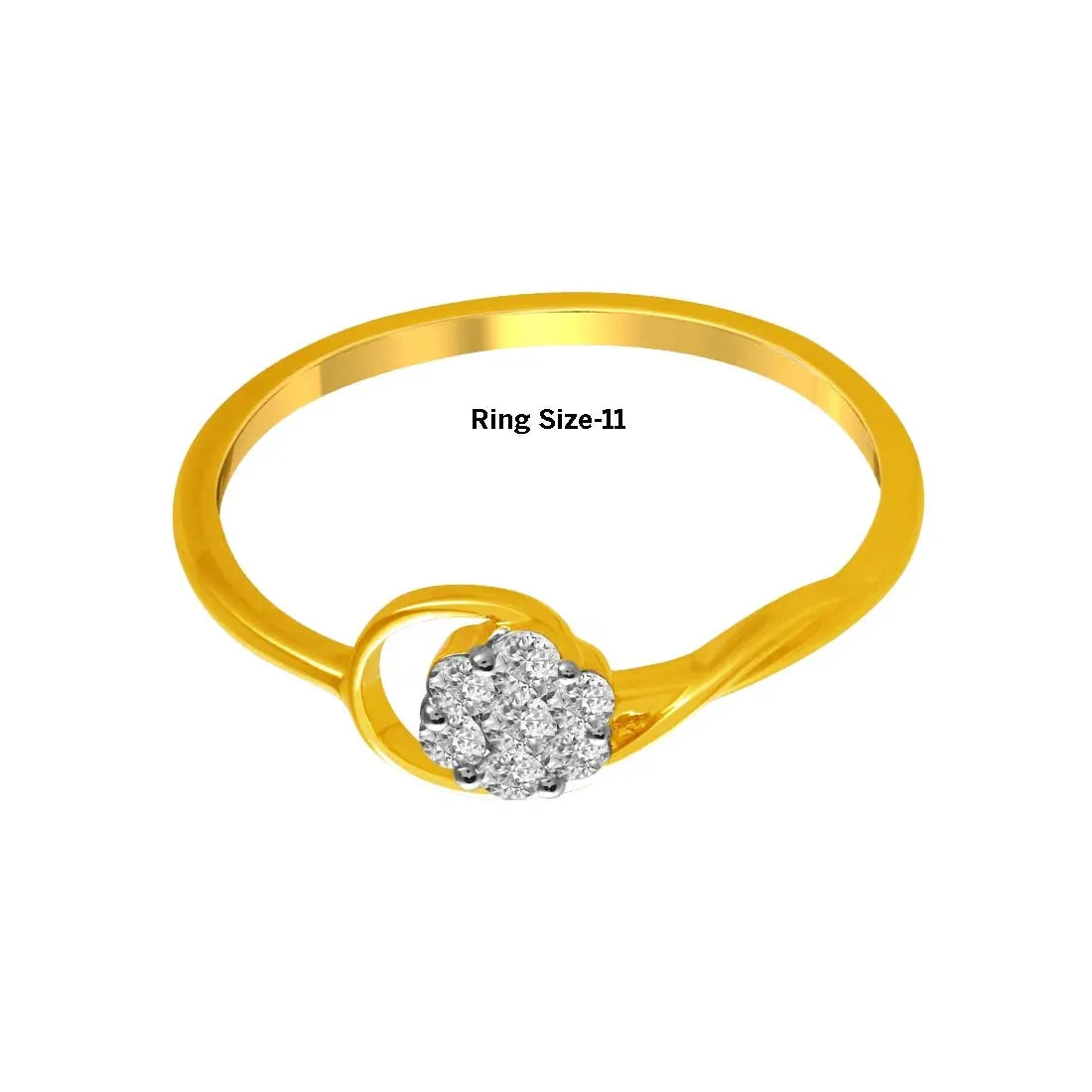 14K Gold Ring Featuring A Curved Design And A Diamond Studded Circular Cluster Set On The Band
