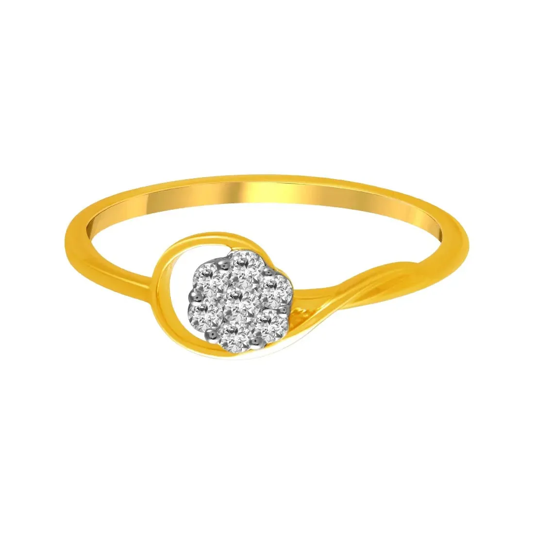 14K Gold Ring Featuring A Curved Design And A Diamond Studded Circular Cluster Set On The Band
