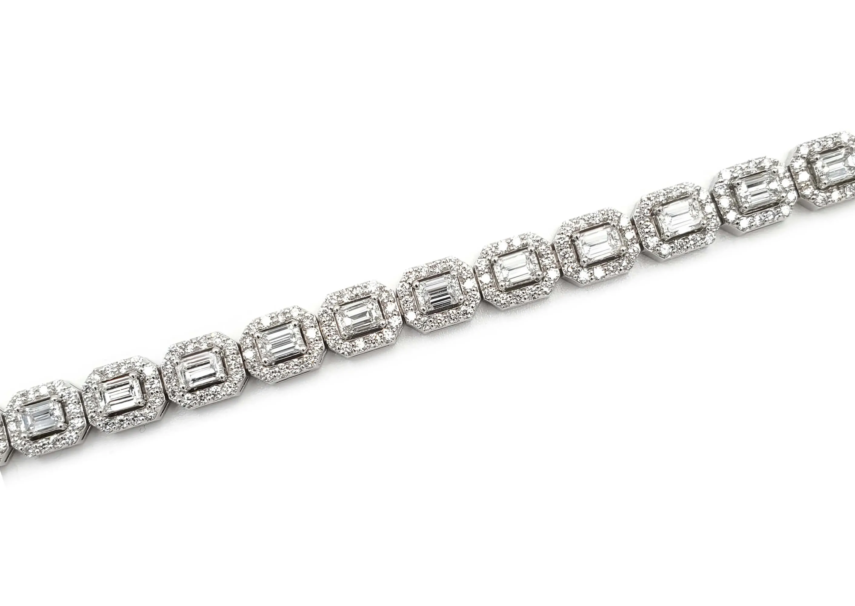 14K White Gold Round and Emerald Cut Diamond Bracelet