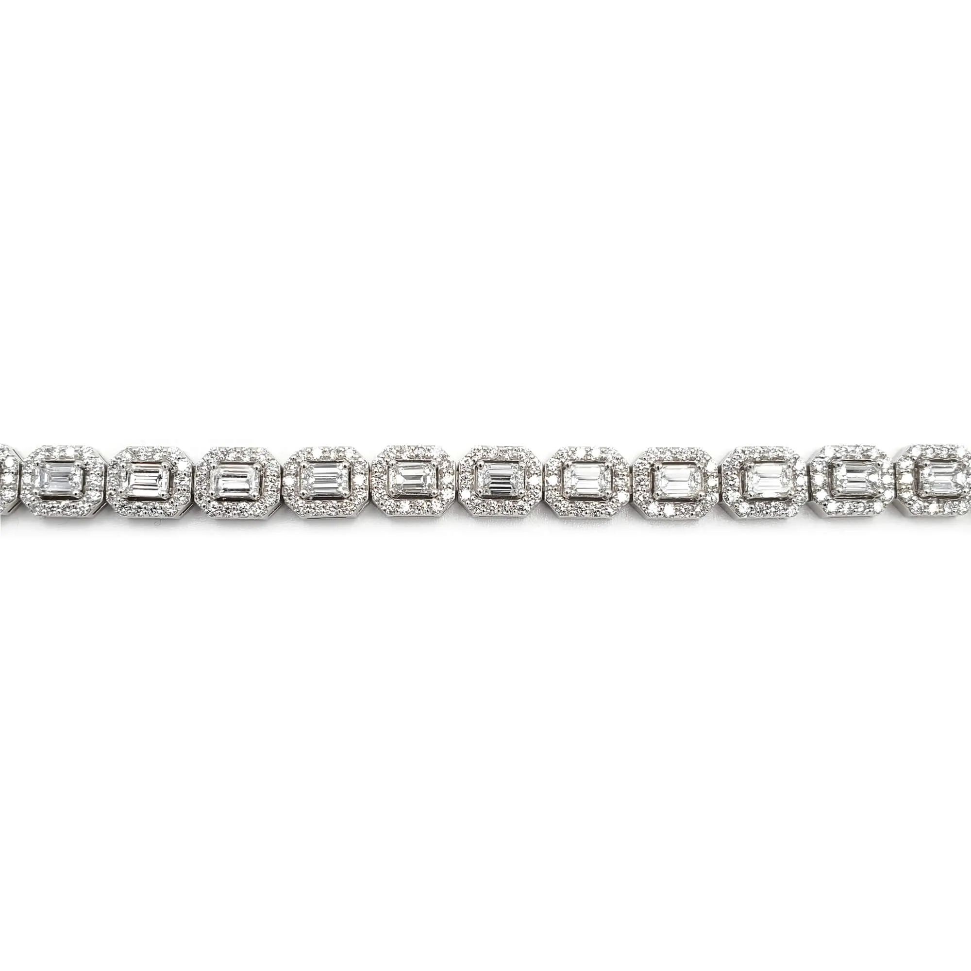 14K White Gold Round and Emerald Cut Diamond Bracelet