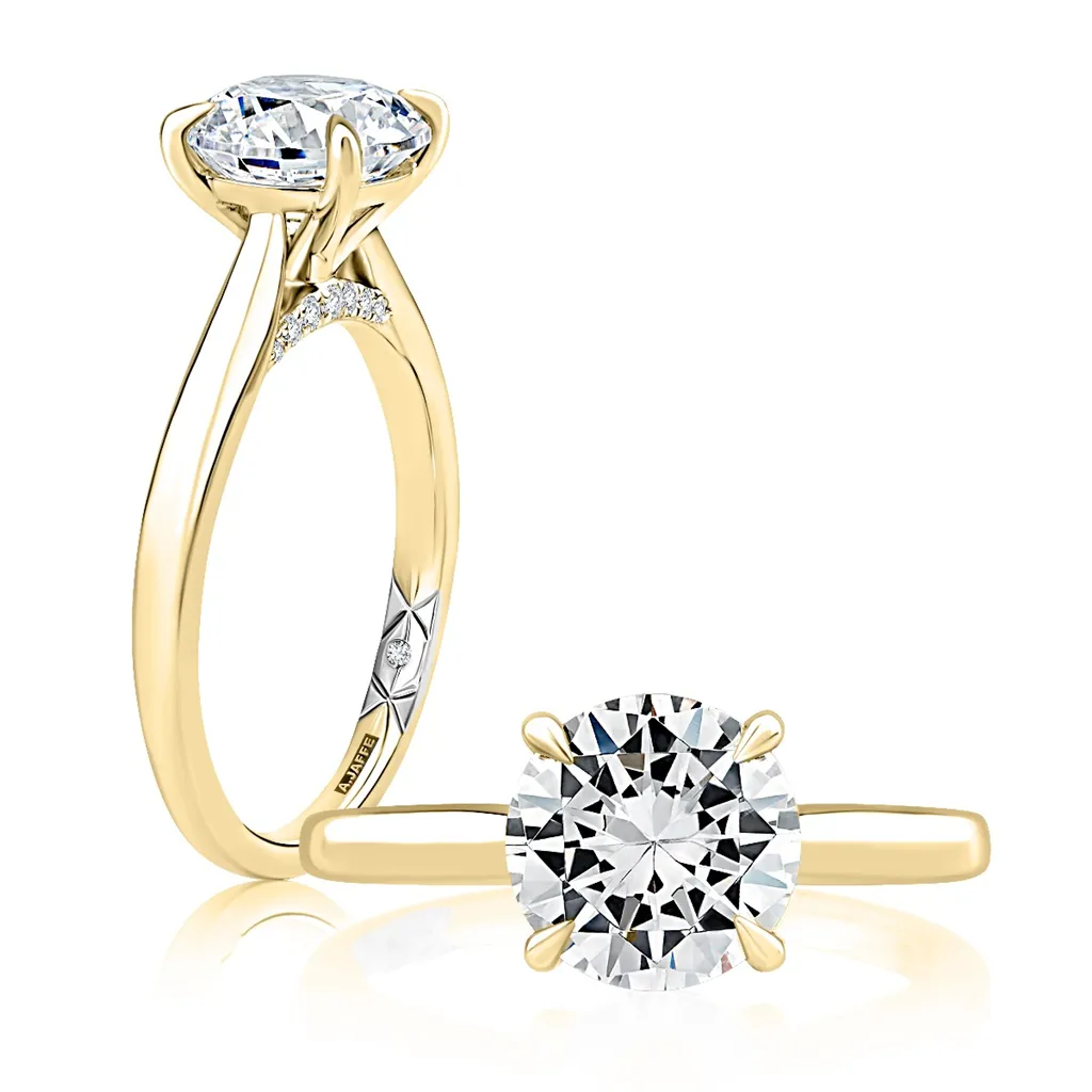 14K Yellow And White Gold Solitaire Diamond Engagement Ring With Peek-A-Boo Diamonds