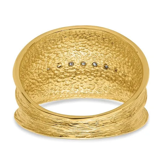 14k Yellow Gold Textured Concave Textured Diamond Ring