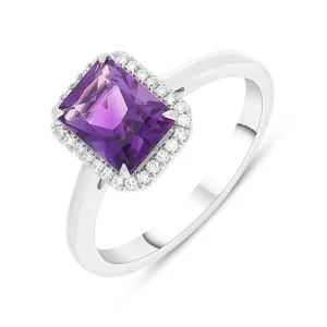 18ct White Gold Amethyst Diamond Emerald Cut Cluster Ring