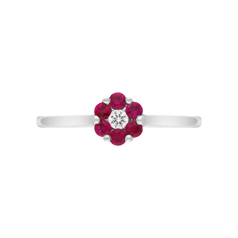 18ct White Gold Ruby Diamond Round Cluster Ring
