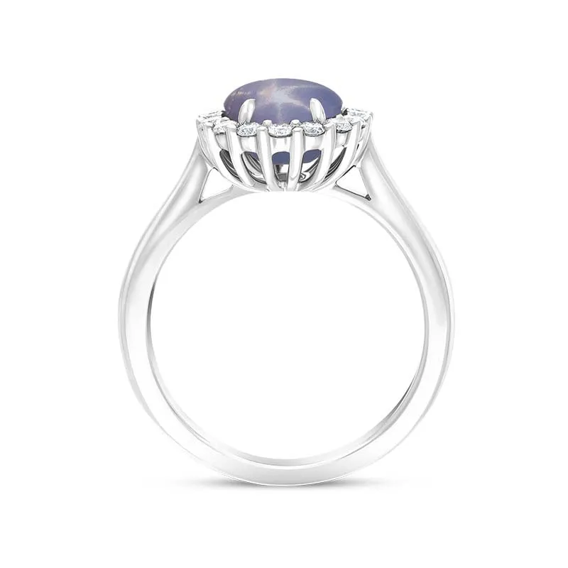 18ct White Gold Star Sapphire Diamond Oval Cluster Ring