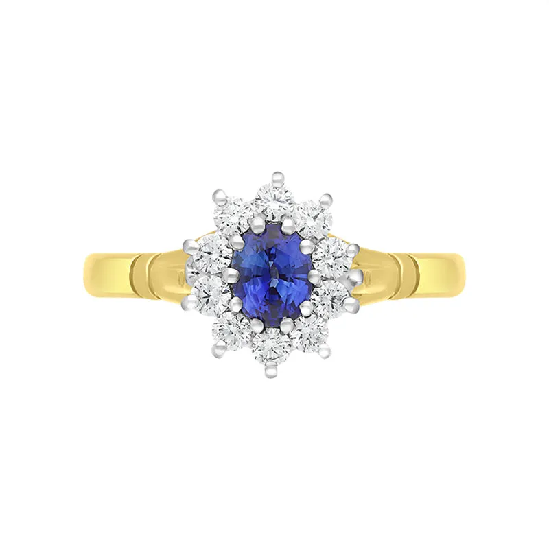 18ct Yellow Gold 0.48ct Sapphire Diamond Halo Ring