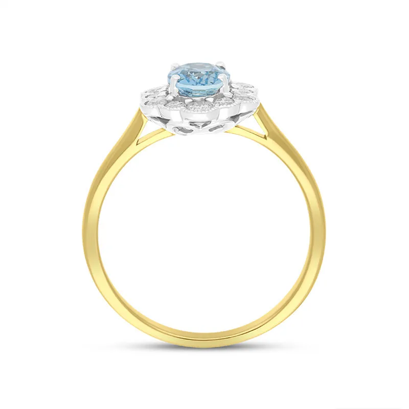 18ct Yellow Gold 0.67ct Aquamarine Diamond Halo Ring