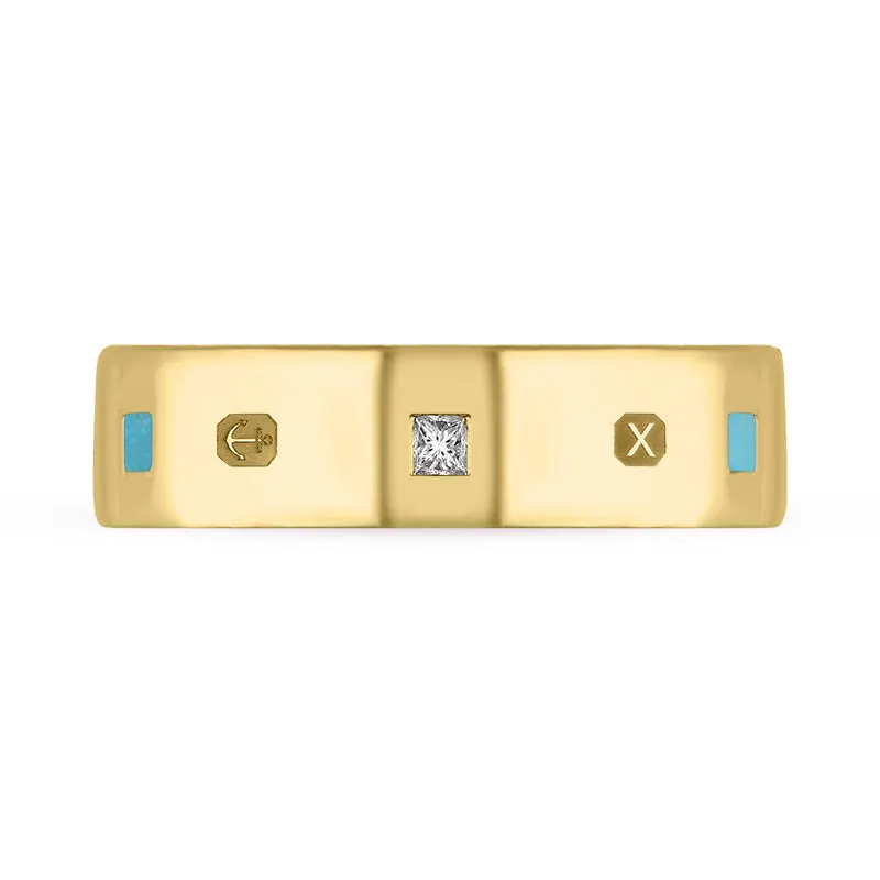 18ct Yellow Gold Turquoise 0.18ct Diamond Queen's Jubilee Hallmark Princess Cut 6mm Ring D