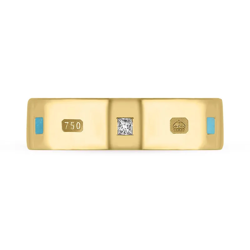 18ct Yellow Gold Turquoise 0.18ct Diamond Queen's Jubilee Hallmark Princess Cut 6mm Ring D
