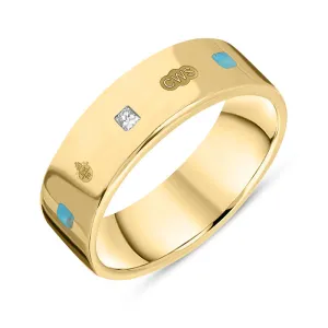 18ct Yellow Gold Turquoise 0.18ct Diamond Queen's Jubilee Hallmark Princess Cut 6mm Ring D