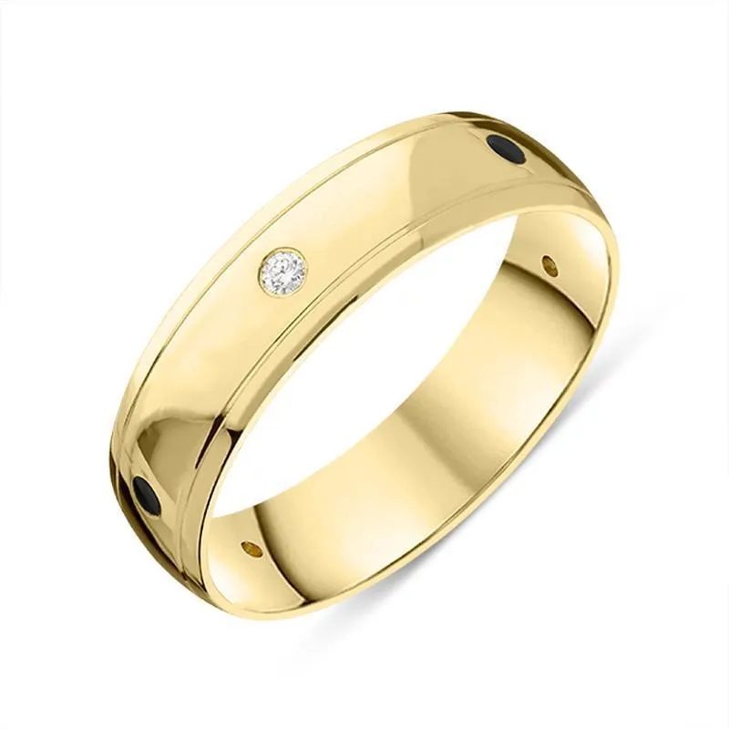 18ct Yellow Gold Whitby Jet Diamond 6mm Wedding Band Ring