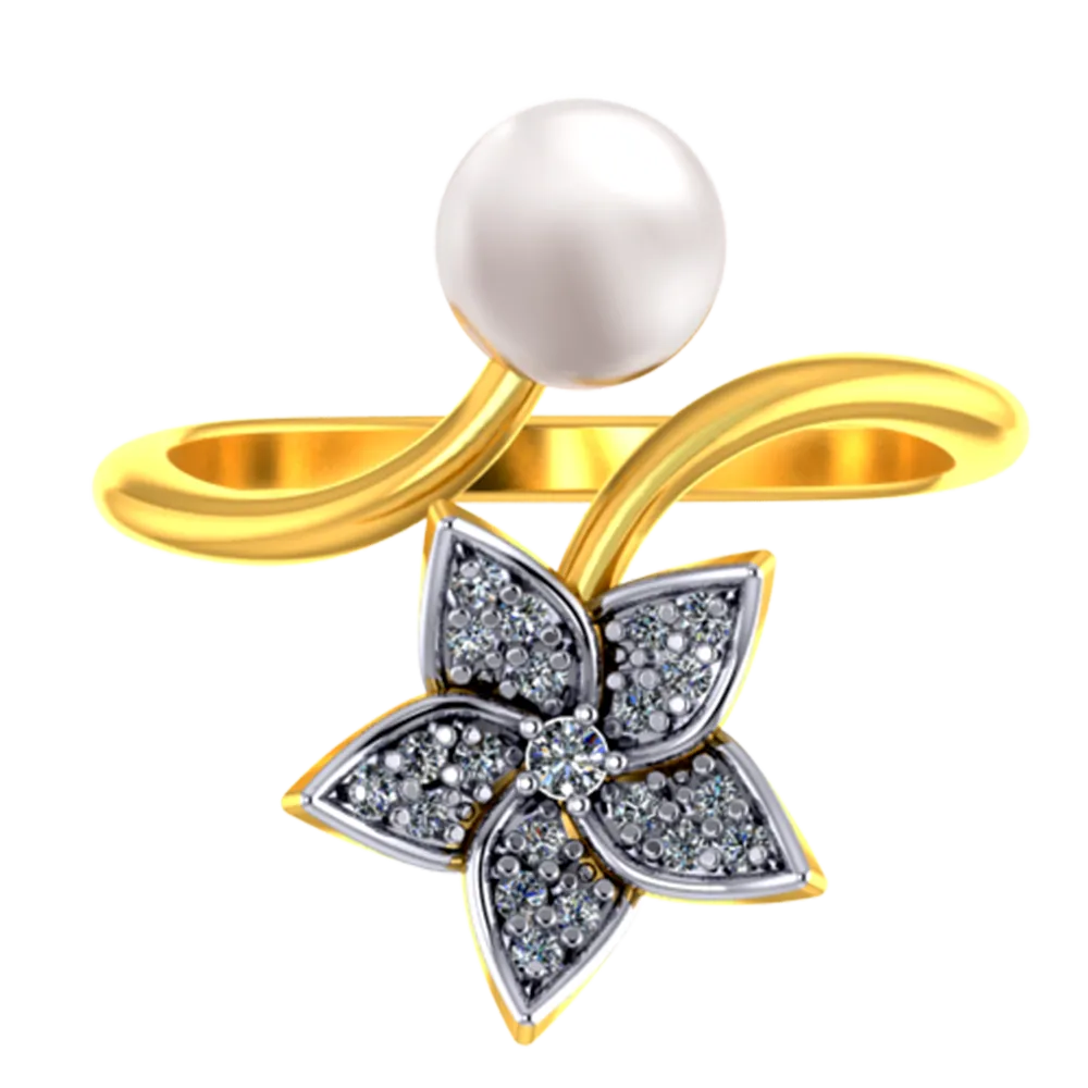18k Diamond Ring With A Diamond Studded Five-petal Floral Design And A Pearl