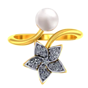 18k Diamond Ring With A Diamond Studded Five-petal Floral Design And A Pearl