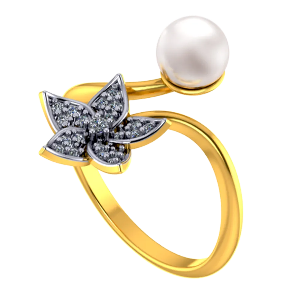 18k Diamond Ring With A Diamond Studded Five-petal Floral Design And A Pearl