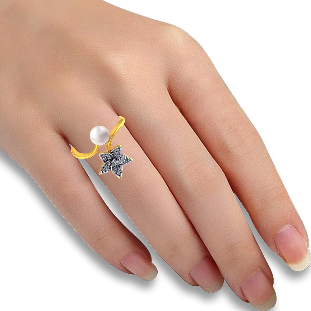 18k Diamond Ring With A Diamond Studded Five-petal Floral Design And A Pearl