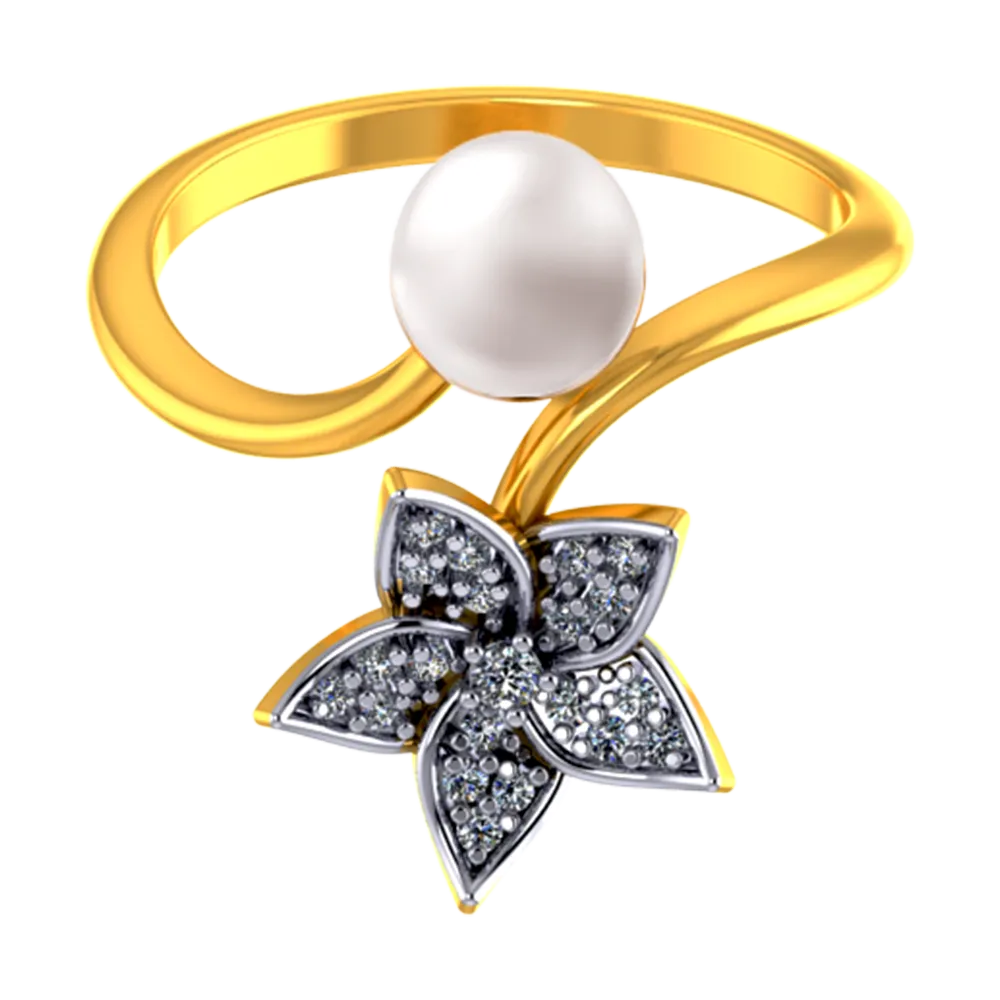 18k Diamond Ring With A Diamond Studded Five-petal Floral Design And A Pearl