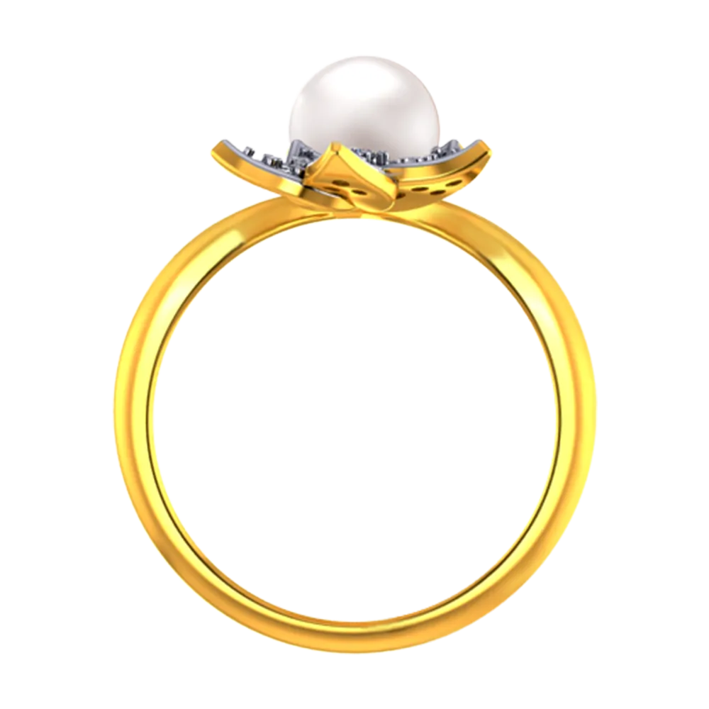 18k Diamond Ring With A Diamond Studded Five-petal Floral Design And A Pearl