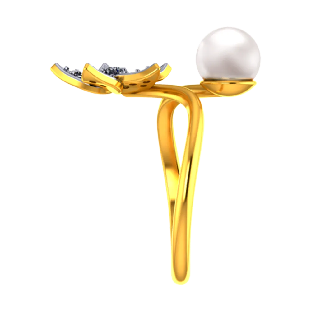 18k Diamond Ring With A Diamond Studded Five-petal Floral Design And A Pearl