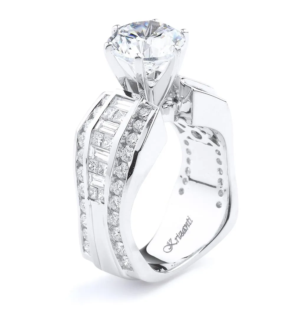 18K White Gold Wide Band Round Diamond Engagement Ring